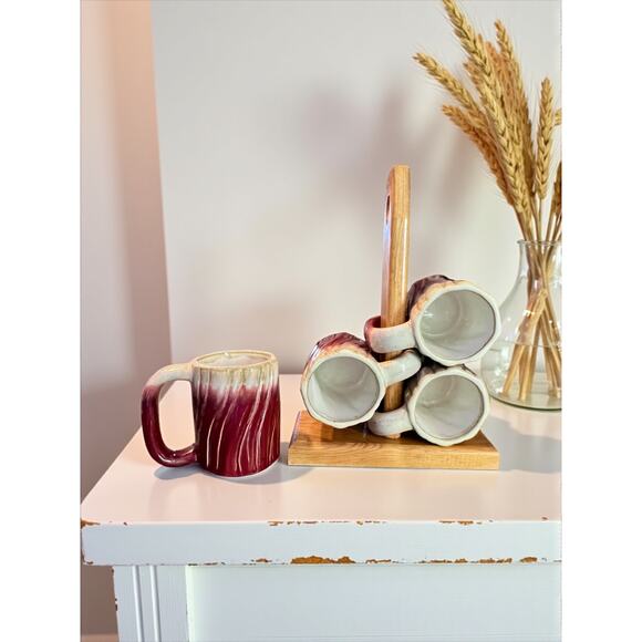 Rodolfo Padilla Drip Glaze Stoneware Mugs-Set of 4-Wood Stand-Mexico-Pottery-Red - Picture 1 of 11